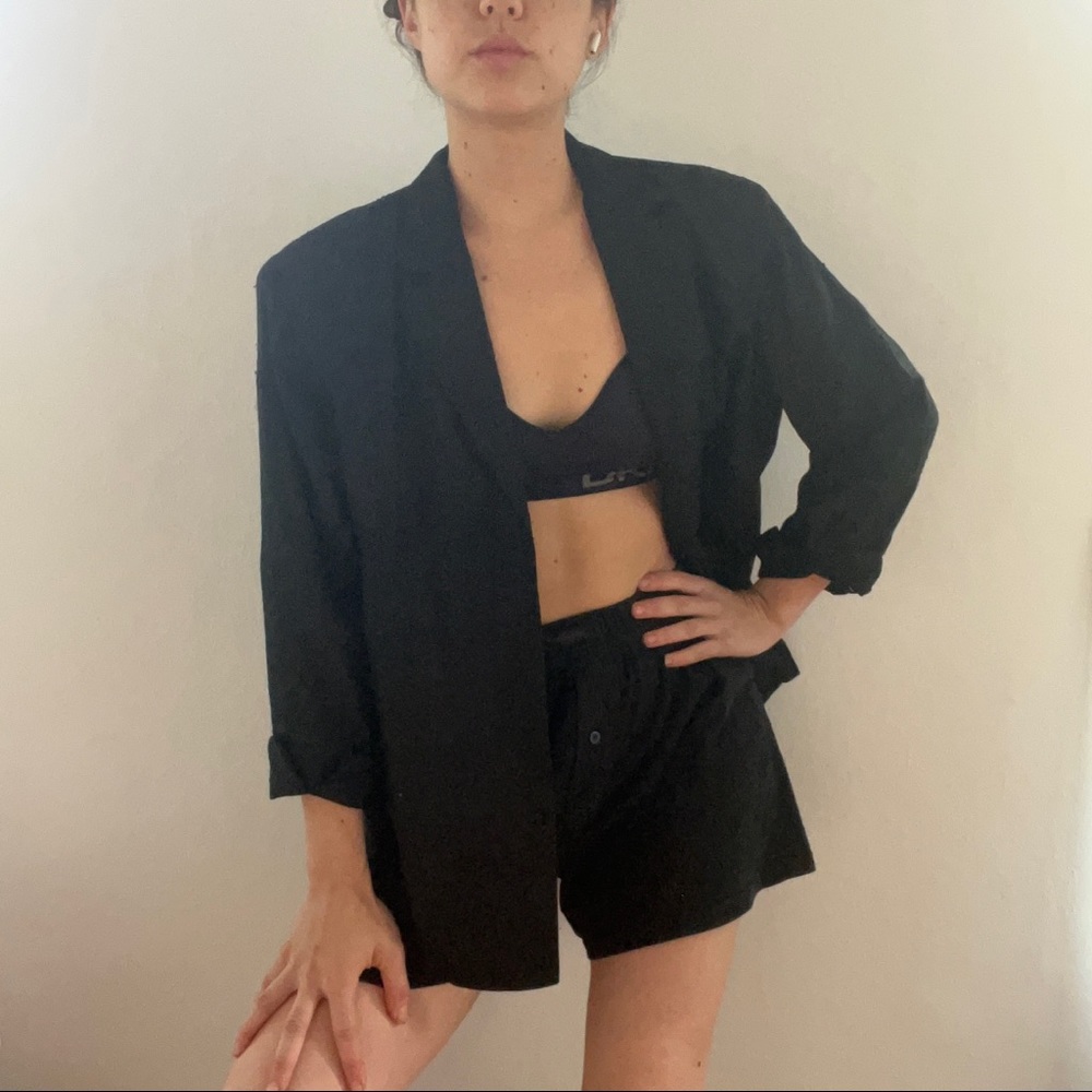 Vintage 100% silk embroidered blazer black Ann may woven open oversized